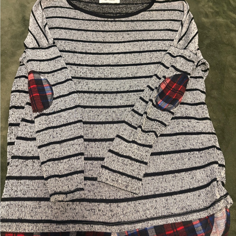 Striped Gray Kids Shirt with Plaid Accents